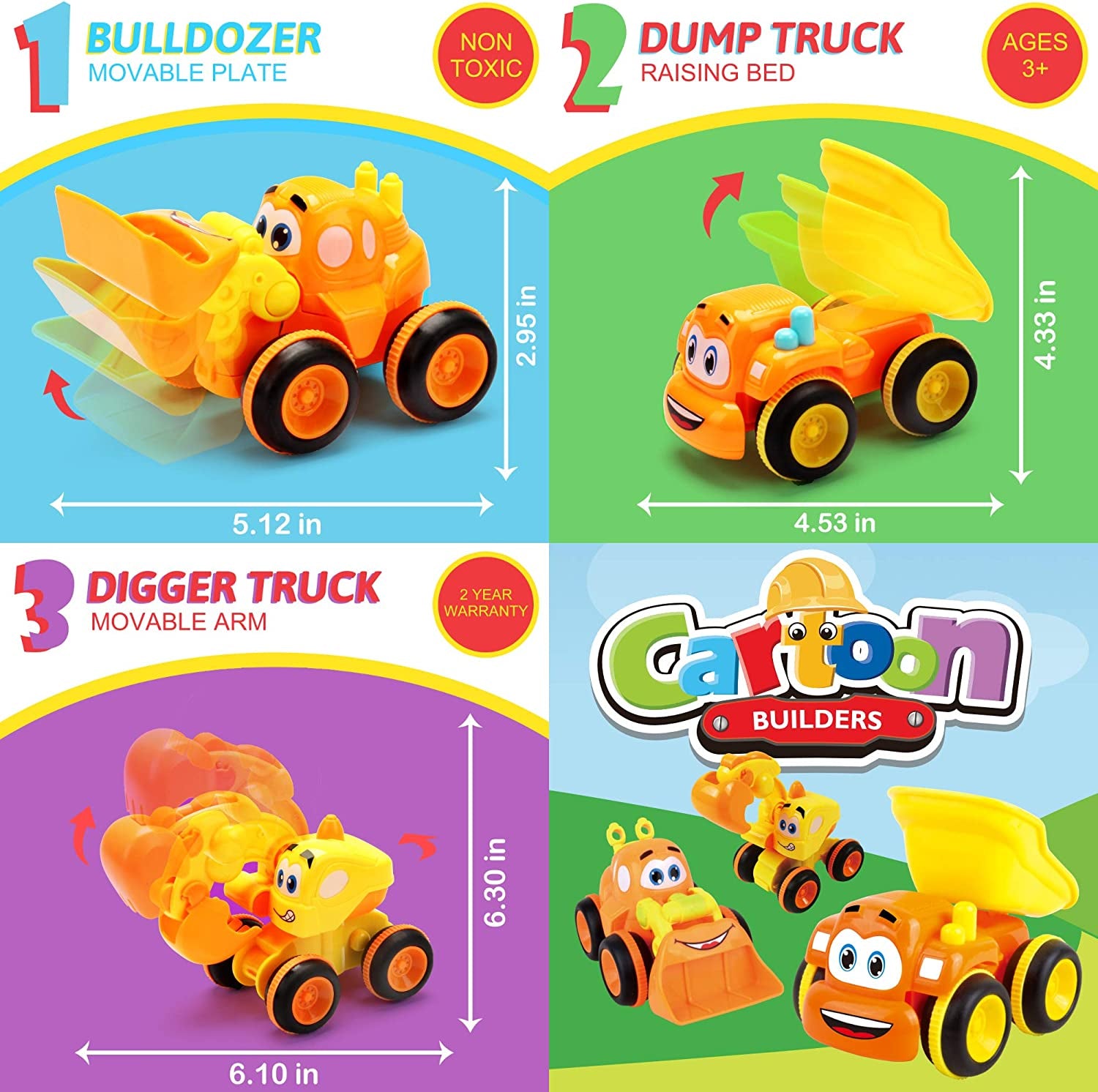 Toys for 2-Year-Olds – 3 Friction Powered Trucks, Push & Go Cartoon Construction Vehicles – Pull Back Car Playset & Toy Trucks for Toddlers