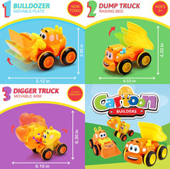 Toys for 2-Year-Olds – 3 Friction Powered Trucks, Push & Go Cartoon Construction Vehicles – Pull Back Car Playset & Toy Trucks for Toddlers
