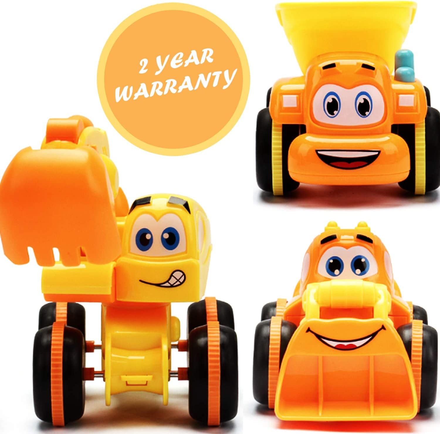 Toys for 2-Year-Olds – 3 Friction Powered Trucks, Push & Go Cartoon Construction Vehicles – Pull Back Car Playset & Toy Trucks for Toddlers