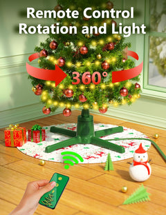 360-Dgree Rotating Christmas Tree Stand for up to 9Ft & 120Lb Artificial Trees, 4 Built-In Power Outlets Base with Remote Control, Sturdy Revolving Holder for 7.5Ft Xmas Tree