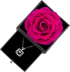 Preserved Real Rose with Necklace. Eternal Rose for Mom Wife Girlfriend Sister Ideas for Women on Mothers Day Birthday Anniversary Christmas Valentines Day (Deep Pink)
