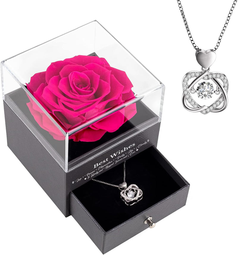 Preserved Real Rose with Necklace. Eternal Rose for Mom Wife Girlfriend Sister Ideas for Women on Mothers Day Birthday Anniversary Christmas Valentines Day (Deep Pink)