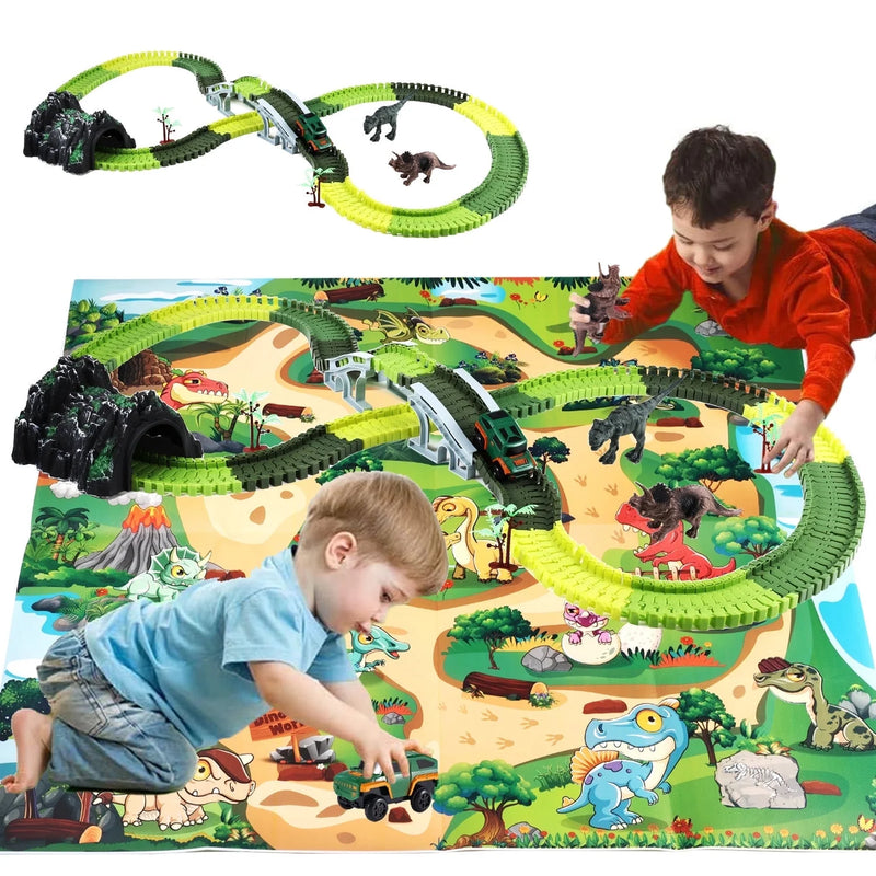 Dinosaur Toys Race Car Track Set, 240Pcs Flexible Track Playset with Play Mat for Kids Toddler Boys Girls Gift Ages 3 4 5 6 7 8 Year Olds