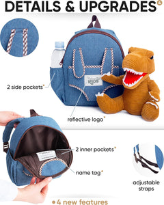 Dinosaur Backpack for Kids 3-5, Toddler Backpack for Boys with Detachable Dinosaur Toy with Pockets and Reflective Logo Patch
